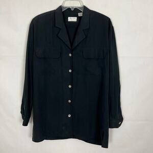 Preview Collection Vintage 100% Silk Top Black Button Down Size S